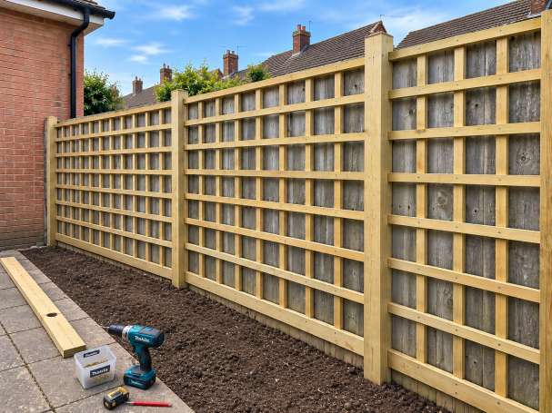 Garden Trellis Installation – In Progress Timber trellis installation in progress on garden fence