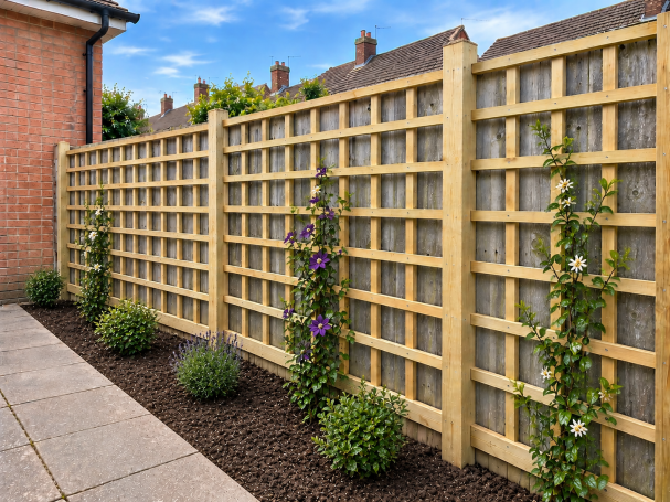 Garden Trellis Installation – Completed Completed timber trellis with new garden planting